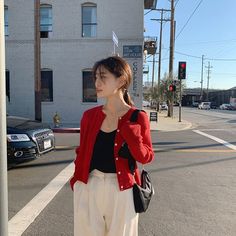 Outfits With A Pop Of Red, Red Outfit Korean, Outfit Korean Style, Fashion Top Outfits, Korean Casual Outfits, Korean Fashion Trends, Cardigan Outfits, Casual Work Outfits, Red Outfit