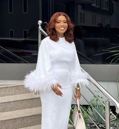 Black And White Dinner Party Outfit, All White New Years Eve Party Outfit, White Gowns Elegant Simple, White Dress Outfit Party Night Classy, White Gowns Elegant Classy, White Asoebi, Simple Dinner Gowns, Dress With Feather Sleeves, Dinner Dress Classy Elegant