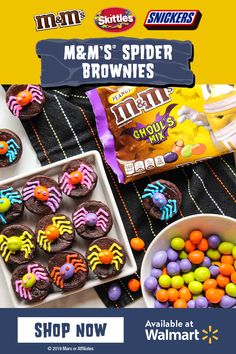 an advertisement for m & m's spider brownies with candy and candies