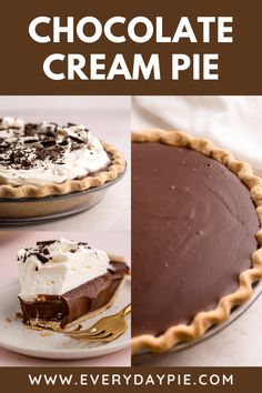 chocolate cream pie with whipped cream and chocolate shavings on top, in three different views