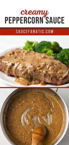 a pan filled with meat and gravy next to broccoli on a plate