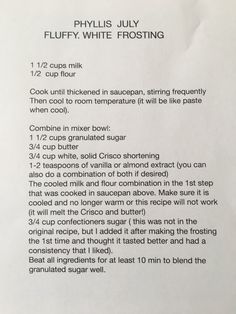 a recipe for fluffy white frosting on a piece of paper