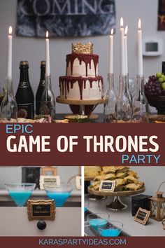 a game of thrones party with blue drinks and desserts