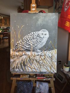 an owl is sitting on top of the grass in front of a painting easel