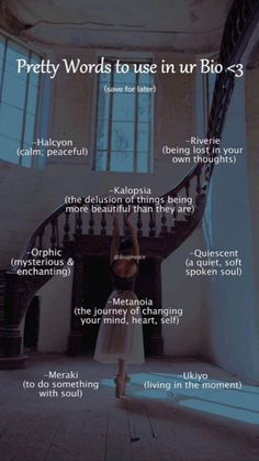 a woman standing in front of a spiral staircase with the words pretty words to use in ur