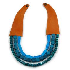 Handmade Multistrand Wood Bead and Leather Bib Style Necklace in Teal/ Blue - | eBay Blue Multi-strand Wooden Bead Necklaces, Unique Blue Wooden Beads, Blue Wooden Beads, Adjustable Blue Necklace With Wooden Beads, Unique Blue Wooden Beaded Necklaces, Bold Necklace, Light Brown Leather, Wood Necklace, Costume Jewelry Necklaces