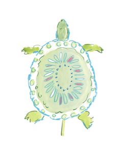 a watercolor drawing of a turtle on a stick with green leaves and blue dots