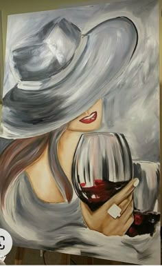 a painting of a woman holding a glass of red wine in front of her face