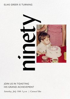 an advertisement for a birthday party featuring a child blowing out the candles on a cake