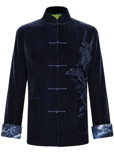 blue silk velvet finish embroidered design high neck tang-buckle fastening long sleeves straight hem God Clothing, Shanghai Tang, Design Jacket, City Dress, Oversized Jacket, Summer Beach Wear, Blue Silk, Silk Velvet, Embroidered Design