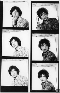 four black and white photos of the same person with different haircuts, in various poses