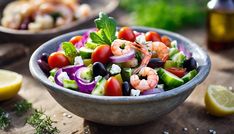 a close up of a bowl of food with shrimp and veggies in it