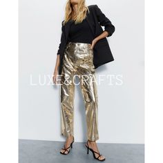 Women's Golden Metallic Foil Solid Tailored Western Leather Trousers / Pants, Woman Golden Metallic Leather Pants, Women's Party Wear Pants. - from Luxe & Crafts. Material Type : 100% Genuine Suede Lambskin Leather. Rise Style : Middle Waist. Closure Type : Snap tap Button  Closure. Number of Pockets :    Side Pockets : 2    Back Pockets : 2 Color : Metallic Gold Lining Material : 100% Premium Lining / Viscose Lining. Care Instructions : Professional Leather Clean Only. Package Contains : 1 Leat Elegant Straight-leg Leather Pants For Party, Glamorous Gold Bottoms For Fall, Elegant Wide-leg Leather Pants For Party, Elegant Straight Leather Pants For Party, Elegant Wide Leg Leather Pants For Party, Chic Gold Pants For Evening, Elegant Tapered Leg Dress Pants For Party, Trendy Gold Bottoms For Parties, Trendy Metallic Leather Pants For Party