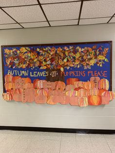 a bulletin board with autumn leaves and pumpkins hanging from it's sides in a hallway