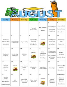 the calendar for august is filled with food and activities to help kids learn how to cook