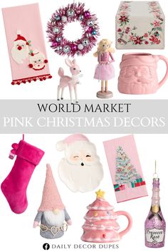 pink christmas decorations with the words world market pink christmas decor on top and below it