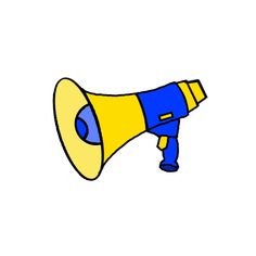 a yellow and blue megaphone on a white background