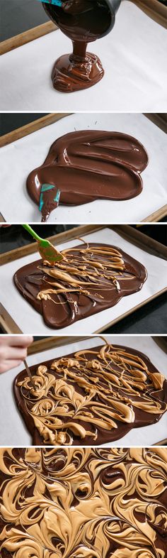 the process for making chocolate swirls is shown in three different stages, including being melted and then drizzled