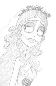 a drawing of a girl with long hair and flowers in her hair, wearing a tiara