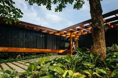 a wooden structure in the middle of some plants and trees with a walkway leading up to it