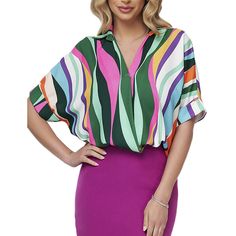 Green Striped Print Pullover Short Sleeve Shirt Chic Multicolor V-neck Shirt, Trendy Multicolor Tops For Work, Chic Multicolor Collared Tops, Multicolor Casual Tops For Workwear, Multicolor Short Sleeve Work Shirt, Trendy Multicolor Collared Tops, Multicolor V-neck Blouse For Work, Multicolor V-neck Workwear Blouse, Multicolor Short Sleeve Tops For Work