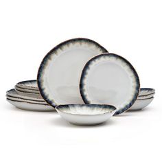 a set of four white and blue dishes