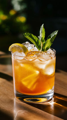 a close up of a drink on a table with ice and lemon wedged in it