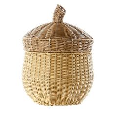 a wicker basket with a lid on the top and bottom, sitting in front of a white background