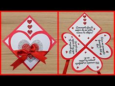 two cards with hearts and ribbons on them