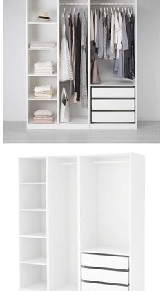 an open white closet with clothes hanging on the shelves and drawers in front of it