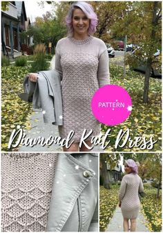 a woman wearing a gray sweater and skirt, with the words diamond knit dress written on it