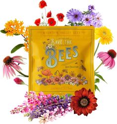 an assortment of wildflowers and seeds in front of a yellow bag with the words save the bees on it