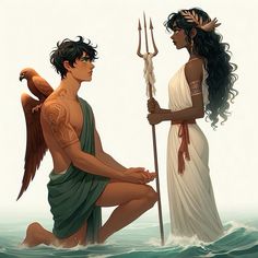 two people in the water with one holding a spear and an angel on his arm