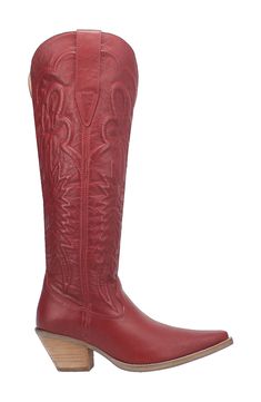 Add a dose of Western flair to your footwear collection with a knee-high leather cowboy boot boasting intricate topstitching and a sharply notched topline. A thick block heel and cushioned footbed make it perfect for a night of line dancing. Cushioning: absorbs impact and distributes weight for consistent, buoyant comfort under each step 2 1/2" heel 17" shaft; 15" calf circumference Pull-on style Cushioned insole Leather upper/textile lining/synthetic sole Imported Fitted Red Western Heeled Boots, Knee High Red Cowboy Boots, Western Style Red Mid-calf Boots With Pointed Toe, Red Western Mid-calf Boots For Winter, Knee High Western Boots, Red Western Knee-high Boots, Leather Cowboy Boots, Western Boots Women, Sale Event