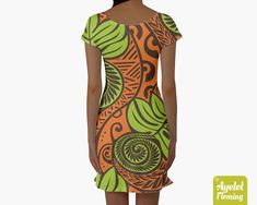 "IF YOU NEED YOUR ITEMS TO ARRIVE BY SPECIFIC DATE PLEASE UPGRADE TO EXPRESS SHIPPING AT THE CART. This Hawaiian/Polynesian tribal short sleeve skater dress design is featuring orange green tropical design on dark brown background. This tropical dress is the perfect dress for daytime or evening wear, fit and flare with a great drape that you can wear with or without leggings. The dress has short sleeves, and the length in general is just above the knee and fall 1-3 inches above the knee on most Green Short Sleeve Mini Dress For Vacation, Hawaiian Fitted Short Sleeve Dress, Fitted Short Sleeve Beach Dress, Vacation Orange Mini Dress With Short Sleeves, Green Fitted Short Sleeve Casual Dress, Tropical Short Sleeve Mini Dress, Sleeveless Orange Dress With Tropical Print, Vacation Orange Short Sleeve Mini Dress, Vacation Short Sleeve Orange Mini Dress