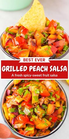 grilled peach salsa with tortilla chips in two bowls