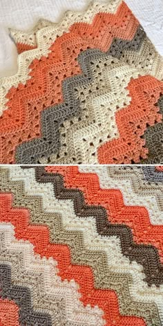 crocheted blanket made with two different shades of orange, brown and white yarn