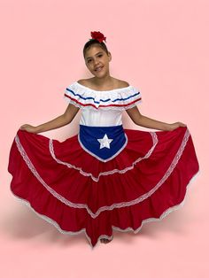 Make It Yours: HandMade Puerto Rican Traditional Dress - Red Flag Style for Girls, we have your size. Celebrate the wonderful Puerto Rican culture. Wear our dress and be part of a beautiful tradition. Includes: Blouse and Skirt with Blue and White Star Designs Belt What sizes are available?4 and 12 child sizes. Note: Check the Photo Gallery to access the Size Chart What Color is the dress?White, red, and blue, with a white star representing the Puerto Rican flag.What material is the dress made o Puerto Rican Heritage, Puerto Rican Flag, Cultural Festival, Dress For Girls, White Star, Red Flag, Traditional Dress