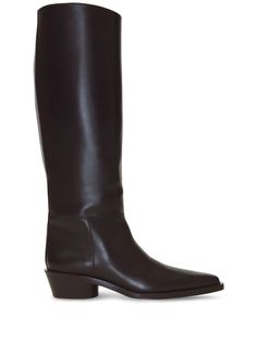 Bronco leather tall boots from PROENZA SCHOULER featuring black, leather, smooth grain, pointed toe, low block heel, knee-length and pull-on style. Tall Boots Black, Leather Tall Boots, Proenza Schouler Shoes, Leather Knee Boots, Brown Chelsea Boots, Suede Chelsea Boots, Black Knee High Boots, Black Boots Tall, Tall Leather Boots