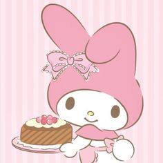 a hello kitty holding a plate with a cake on it and wearing a pink hat