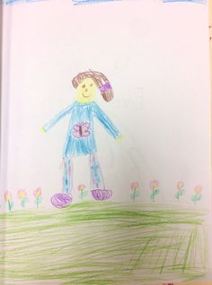 a child's drawing of a girl standing in the grass