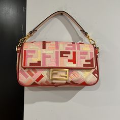 Fendi Lunar Year Limited Edition, Purchased 2021, New Designer Beige Baguette Shoulder Bag, Pink Fendi Baguette, Fendi Beaded Baguette Bag, Small Coin Pouch, Fendi Bag 2022, Fendi Handbags 2022, Fendi Multicolor Bag, Beaded Clutch Purse, Small Leather Purse