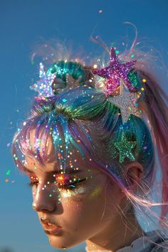 Bright Club Outfits, Cosmic Festival Outfit, Galaxy Festival Outfit, Colorful Festival Hair, Out Of This World Hairstyles, Space Buns Festival, Festival Hair Space Buns, Festival Day Outfits, 90s Neon Cosmic Carnival