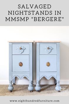 two blue nightstands with the words salvaged nightstands in mmsmp'be