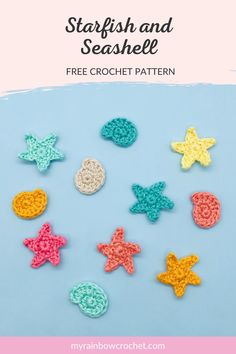 crochet starfish and seashell pattern on a blue background with text overlay