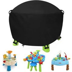 an image of children's play table and chairs with black cover on white background