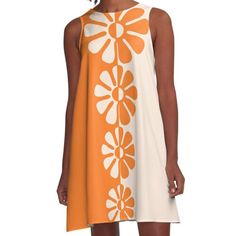 Loose-fit, mid-length sleeveless dress with silky handfeel. Printed on both sides. Machine washable. Size range XS-2XL. Minimal meets hippie in this bold design of 1960's pop art-inspired flowers in contrasting orange and cream. Fun and cute on clothing, and perfect with retro, minimal or contemporary decor. Go big! Go bold! Superstar Barbie, Bold Design, Dress For Sale, Contemporary Decor, Mid Length, Dresses For Sale, A Line Dress, Pop Art, 1960s