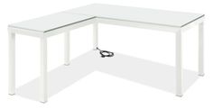 an office desk with two white legs and a black cord on the bottom one end