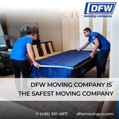 two men moving a mattress in the middle of a living room with text above it that reads dfw moving company is the safe moving company