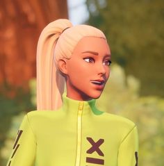 an animated woman with blonde hair wearing a yellow jacket and ponytail in front of trees